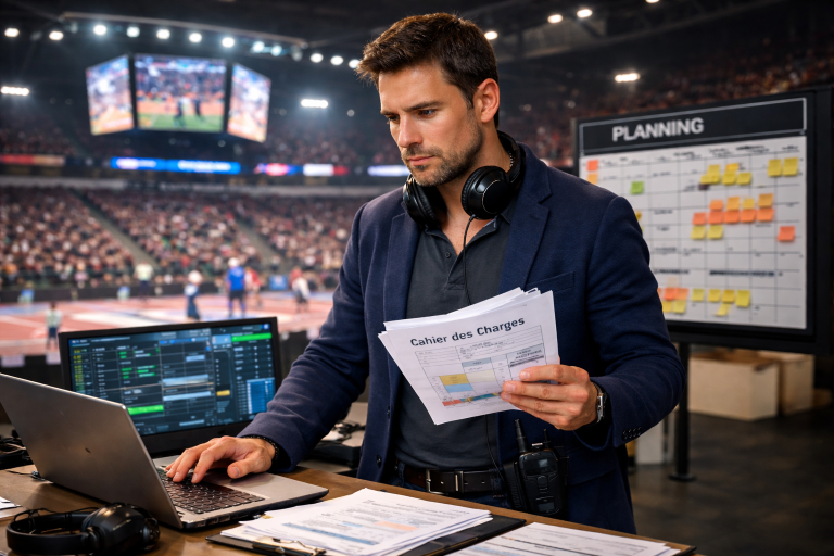 Chef de projet sportif supervisant un événement dans une arène, consultant un cahier des charges et un planning sur ordinateur portable.